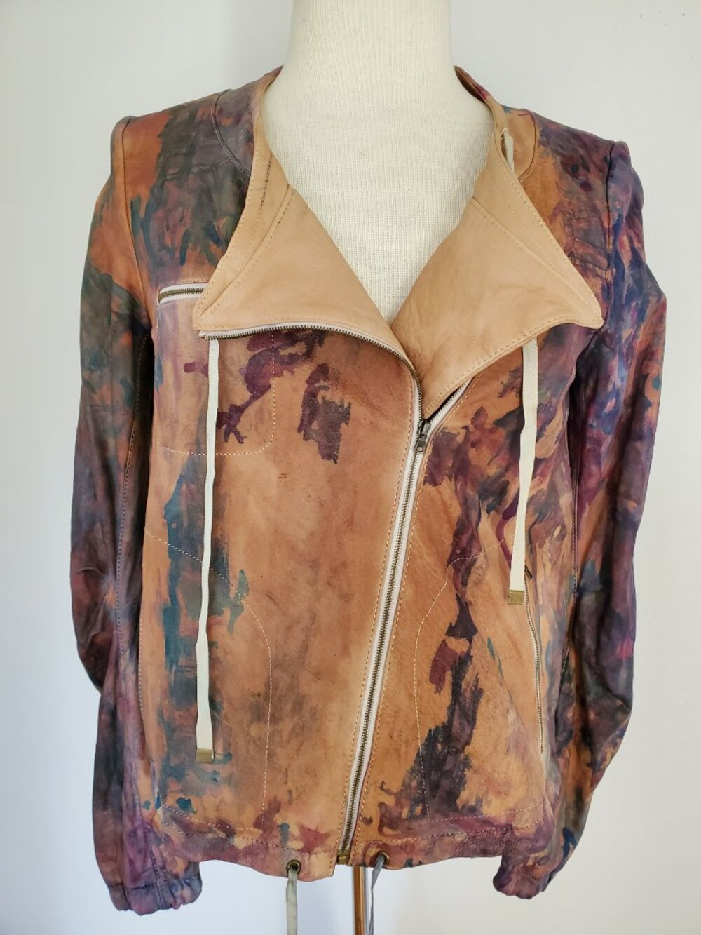 DVF leather Jacket tie dyed cowgirl equestrian brown tan purple pink blue 4 6 8